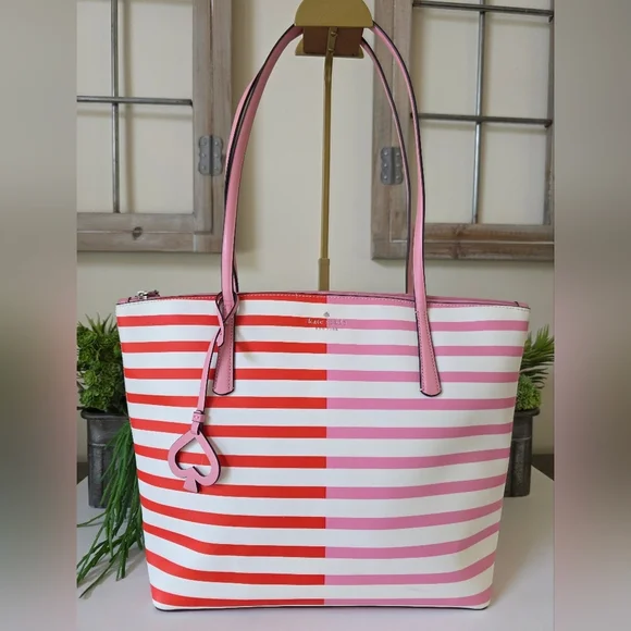 Kate Spade New York Zina Large Tote Pink - Red Stripe Spade Charm - Picture 11 of 16